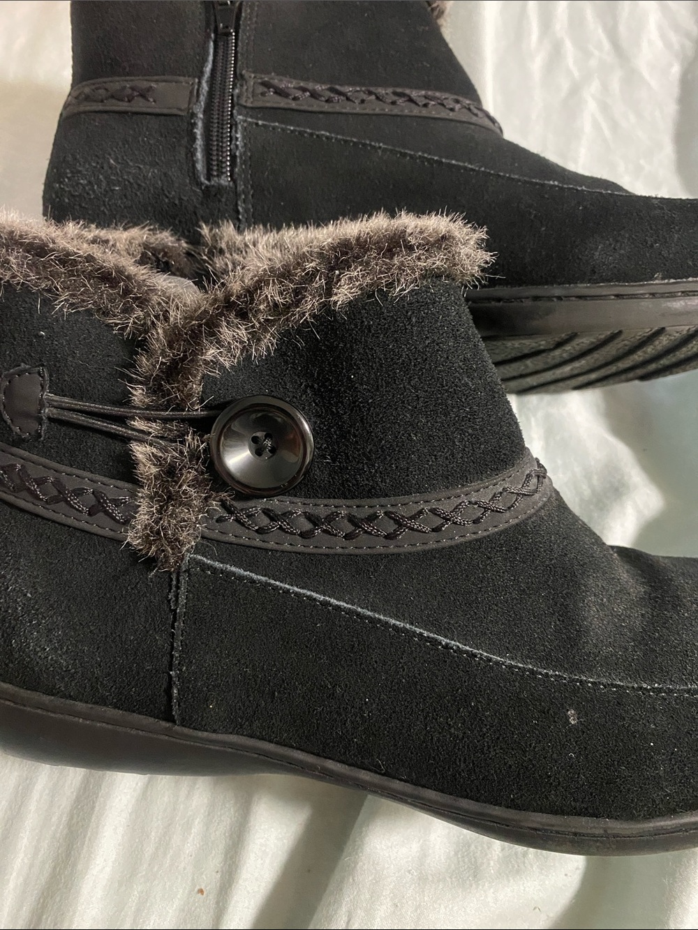 Coldwater Creek Black Faux-Fur Trim Button Ankle Booties